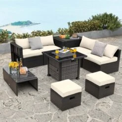 Costway 9 Pieces Patio Furniture Set With 50,000 BTU Propane Fire Pit Table Black/Gray/Navy/Red/White/Turquoise -Costway GUEST b15a6b99 448b 4edb a67b 640b277f3d59