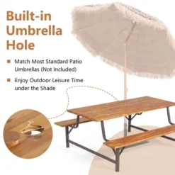 Costway Acacia Wood Patio Picnic Table Bench Set With 71'' Tabletop ＆ 2'' Umbrella Hole -Costway GUEST b187f5bf 7b91 4df7 a1af 05c655c9df1c