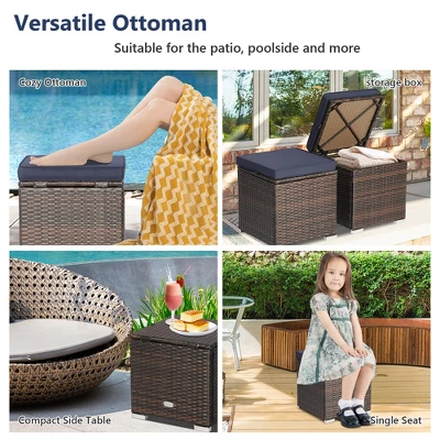 Costway 2PCS Patio Rattan Ottomans Seat Side Table Storage Box Footstool W/Cushions Navy 8 Costway 2PCS Patio Rattan Ottomans Seat Side Table Storage Box Footstool W/Cushions Navy - Image 6
