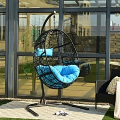 Hammock Chair With Stand Hanging Cushioned Swing Egg Chair For Indoor BlueRed -Costway GUEST b316cf6e 0448 49e3 8cc6 798b9d27428d