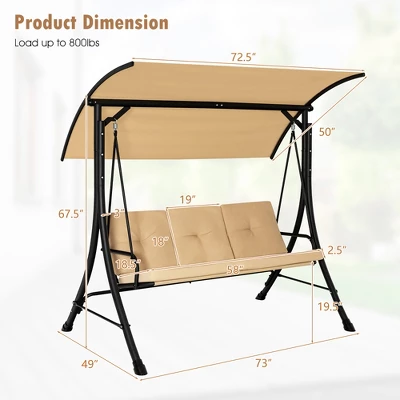 Costway 3-Seat Outdoor Porch Swing Adjustable Canopy Padded Cushions Steel Frame BeigeBlack 5 Costway 3-Seat Outdoor Porch Swing Adjustable Canopy Padded Cushions Steel Frame BeigeBlack - Image 3