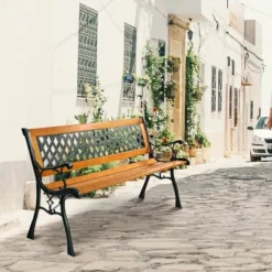 49 1/2'' Patio Park Garden Bench Porch Path Chair Outdoor Deck Cast Iron Hardwood 13 49 1/2'' Patio Park Garden Bench Porch Path Chair Outdoor Deck Cast Iron Hardwood -Costway GUEST b3ef31c6 e871 4825 b29c 52077ca2fd38