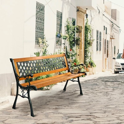 49 1/2'' Patio Park Garden Bench Porch Path Chair Outdoor Deck Cast Iron Hardwood 5 49 1/2'' Patio Park Garden Bench Porch Path Chair Outdoor Deck Cast Iron Hardwood - Image 3