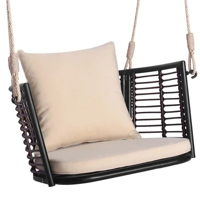 Costway Patio Hanging Rattan Basket Chair Swing Hammock Chair With Seat Cushion Navy/Grey/Beige 14 Costway Patio Hanging Rattan Basket Chair Swing Hammock Chair With Seat Cushion Navy/Grey/Beige - Image 12