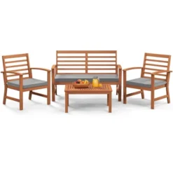 Costway 4 PCS Outdoor Furniture Set With Soft Seat Cushions Stable Acacia Wood Frame White/Navy/Gray -Costway GUEST b4424d7b 98df 4e8d 8ef9 8016119d14e5