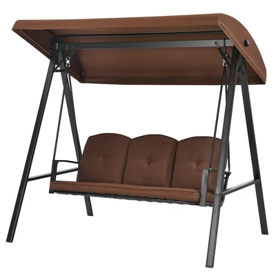 Costway Outdoor 3-Seat Porch Swing With Adjust Canopy And Cushions GrayBrown 3 Costway Outdoor 3-Seat Porch Swing With Adjust Canopy And Cushions GrayBrown
