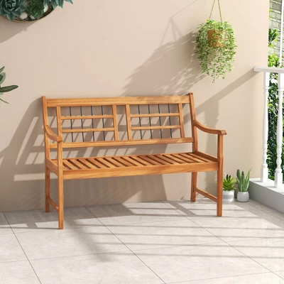 Costway Outdoor Acacia Wood Bench 2-Person Patio Bench With Slatted Seat & Backrest 6 Costway Outdoor Acacia Wood Bench 2-Person Patio Bench With Slatted Seat & Backrest - Image 4