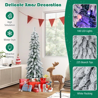 Costway 4 FT/5FT/6FT Pre-Lit Slim Christmas Tree Flocked Xmas Decoration 11 Modes 100 LED Lights 8 Costway 4 FT/5FT/6FT Pre-Lit Slim Christmas Tree Flocked Xmas Decoration 11 Modes 100 LED Lights - Image 6