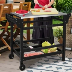 Costway Movable Outdoor Dining Cart Table With Stainless Steel Tabletop, Seasoning Tray -Costway GUEST b4cb09f6 362c 4807 9820 17611f3a0757