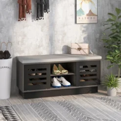 Costway Shoe Storage Bench With Cushion Shoe Storage Organizer Shoe Rack Entryway Grey/Natural