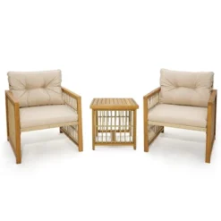 Costway 3PCS Patio PE Wicker Conversation Set Acacia Wood Frame WithSeat & Back Cushions -Costway GUEST b585025b e0c2 49a2 b7ca 57ded3051131