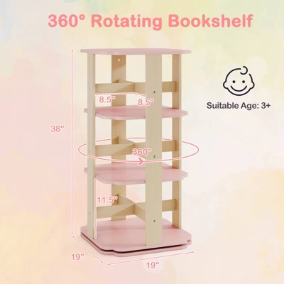 Costway 360° Spinning 3-Tier Kids Book Shelf Tower With 12 Sectors Cute Square Book Stand 4 Costway 360° Spinning 3-Tier Kids Book Shelf Tower With 12 Sectors Cute Square Book Stand - Image 2