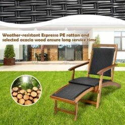 Costway Patio Folding Rattan Lounge Chair Wooden Frame W/ Retractable Footrest -Costway GUEST b61e2dec 7f19 4a74 bd33 8478e4f8df77