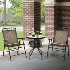 Costway 3 PCS Bistro Conversation Patio Pub Dining Set W/ 2 Folding Chairs & Glass Table