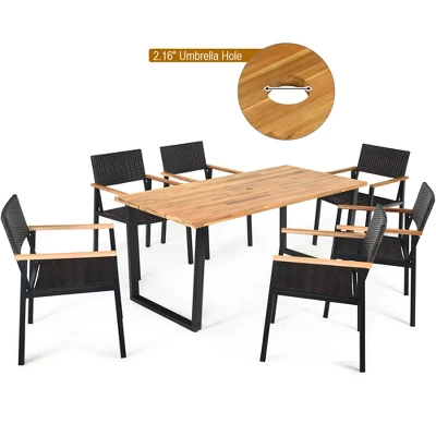 Costway 7PCS Patio Rattan Patented Dining Chair Table Set Solid Wood Frame Umbrella Hole 9 Costway 7PCS Patio Rattan Patented Dining Chair Table Set Solid Wood Frame Umbrella Hole - Image 7