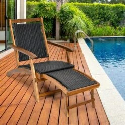 Costway Patio Folding Rattan Lounge Chair Wooden Frame W/ Retractable Footrest -Costway GUEST b82bd791 6f7a 4061 826c fad0b5de1f35