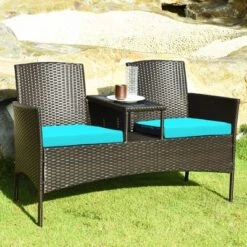 Costway Patio Rattan Conversation Set Loveseat Sofa Cushioned Coffee Table TurquoisRed -Costway GUEST b883f95e 4b11 4661 99b2 45f7847db6ba