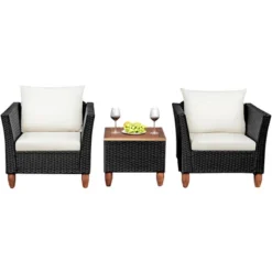 Costway 3 PCS Outdoor Patio Rattan Bistro Furniture Set Wooden Table Top Cushioned Sofa Black Brown -Costway GUEST b8dd0a28 3791 4b5b 8d1d 7b3a6879f1be