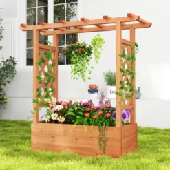 Costway 1/2 PCS Wooden Raised Garden Bed With Trellis & Hanging Roof Drainage Elevated Planter Box