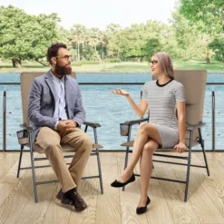 Costway Patio Padded Folding Portable Chair Camping Dining Outdoor Beach Chair GreyBrown -Costway GUEST b8e45fb8 1925 4292 bd0b 1444007c0389