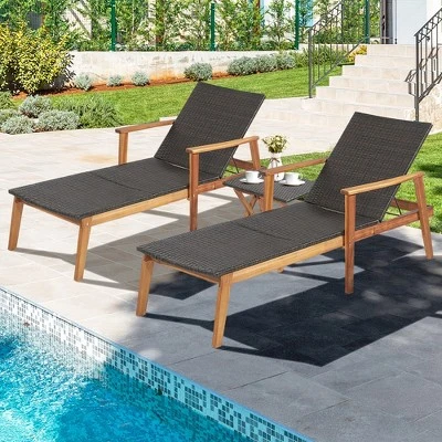 Costway 2PCS Patio Rattan Lounge Chair Chaise Recliner Wood Back Adjust W/Folding Table 4 Costway 2PCS Patio Rattan Lounge Chair Chaise Recliner Wood Back Adjust W/Folding Table - Image 2
