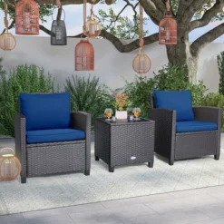 Costway 3PCS Patio Wicker Furniture Set With Beige & Navy Cushion Covers Balcony -Costway GUEST ba1c33b1 120b 427d bdb3 1998b6a7399d