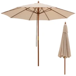 Costway 9.5 FT Patio Rope Pulley Wooden Umbrella Market W/Fiberglass Ribs Outdoor Red/Beige