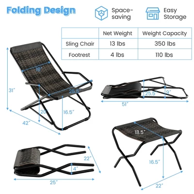 Costway Patio Folding Rattan Sling Lounge Chair Ottoman Rocking Footrests Armrest 4 Costway Patio Folding Rattan Sling Lounge Chair Ottoman Rocking Footrests Armrest - Image 2