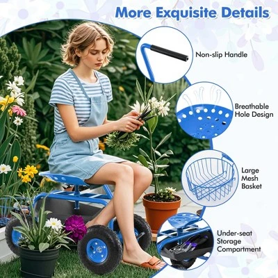 Costway Garden Cart Rolling Work Seat Wagon Scooter For Planting With Extendable Handle Blue/Red/Green 6 Costway Garden Cart Rolling Work Seat Wagon Scooter For Planting With Extendable Handle Blue/Red/Green - Image 4