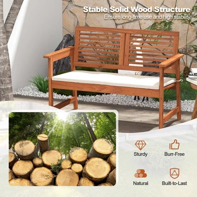 Costway Patio Bench Outdoor Solid Wood Loveseat Chair With Backrest & Cushion Porch Garden 7 Costway Patio Bench Outdoor Solid Wood Loveseat Chair With Backrest & Cushion Porch Garden - Image 5