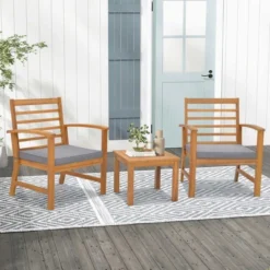 Costway 3 PCS Outdoor Furniture Set Acacia Wood Conversation Set With Soft Seat Cushions White/Grey/Navy -Costway GUEST bbeb4d01 b583 4d40 9dd0 3852c8e8991d