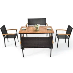 Costway 5PC Patio Rattan Dining Set Acacia Wood Table Top Stackable Chair Bench -Costway GUEST bc0f9984 e4b9 4548 9b29 a1a0db118c9b