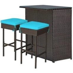 Costway 3PCS Patio Rattan Wicker Bar Table Stools Dining Set Cushioned Chairs Turquoise -Costway GUEST bc12f54f ea9c 48ed 9ef8 acf685f16629