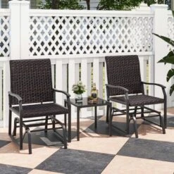 Costway 3 PCS Patio Gliding Set With Tempered Glass Coffee Table Quick Dry Foam Wicker All Weather