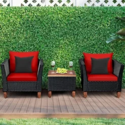 Costway 3 PCS Outdoor Patio Rattan Bistro Furniture Set Wooden Table Top Cushioned Sofa Black Brown -Costway GUEST bcd5209e c5cb 4872 96de 015a549d6269