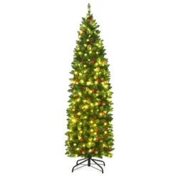 Costway 4.5Ft6.5Ft7.5Ft Pre-lit Hinged Pencil Christmas Tree W/Pine Cones Red Berries & 150250350 Lights -Costway GUEST bd14c1fe 7a07 43ef 86bb 104f8f9a0a90