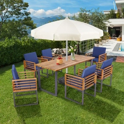 Costway 7pcs Patio Acacia Wood Dining Chair & Table Set Heavy-Duty Space-Saving Outdoor 2 Costway 7pcs Patio Acacia Wood Dining Chair & Table Set Heavy-Duty Space-Saving Outdoor