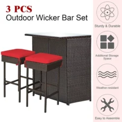 Costway 3PCS Patio Rattan Wicker Bar Table Stools Dining Set Cushioned Chairs Garden Red -Costway GUEST bdf6dcd2 354a 4014 854d 42ec6d68f723