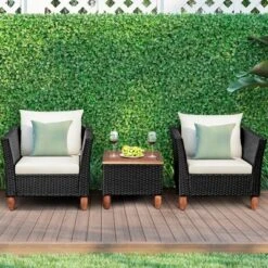 Costway 3 PCS Outdoor Patio Rattan Bistro Furniture Set Wooden Table Top Cushioned Sofa Black Brown -Costway GUEST be50d691 da9a 4189 82a6 8bba5b281231