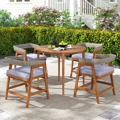 Costway 5 Piece Patio Dining Set Outdoor Solid Wood Furniture With Rattan Backrest 6 Costway 5 Piece Patio Dining Set Outdoor Solid Wood Furniture With Rattan Backrest - Image 4