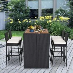 Costway 5-Piece Patio PE Wicker Bar Set Outdoor Acacia Wood Dining Table Stool Bistro