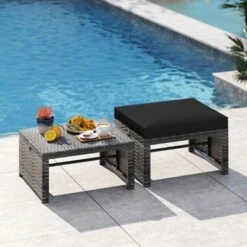 Costway Patio Ottomans Set Of 2 PE Rattan Footstools With Removable Cushions & Metal Frame Red/Gray/Black/White/Turquoise/Navy -Costway GUEST bfb620f6 208d 4285 8ef0 c79aee84f483
