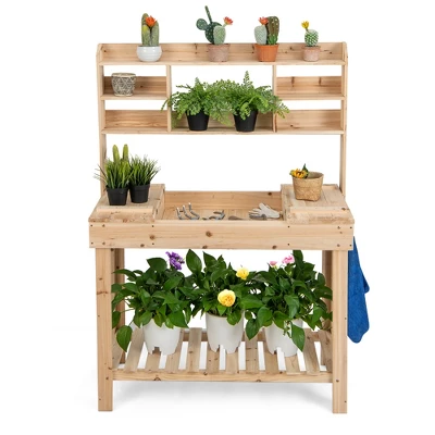 Costway Potting Bench Table Wooden Garden Work Bench Platform With Display Rack Hidden Sink 11 Costway Potting Bench Table Wooden Garden Work Bench Platform With Display Rack Hidden Sink - Image 9