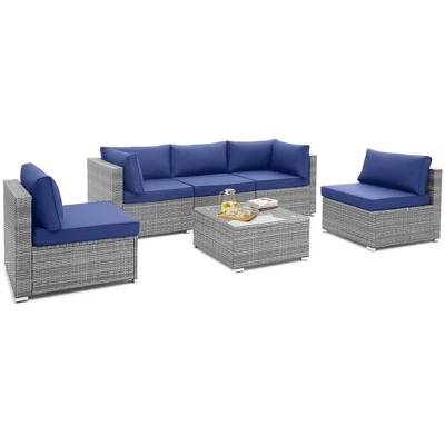 Costway 6 PCS Patio Conversation Sofa Set Outdoor Rattan Furniture Cushioned Seat Navy 6 Costway 6 PCS Patio Conversation Sofa Set Outdoor Rattan Furniture Cushioned Seat Navy - Image 4
