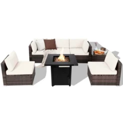 Costway 7 PCS Patio Furniture Set With 28" 50000 BTU Propane Gas Fire Pit Table Cushions Red/Turquoise/Off White
