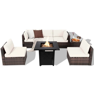 Costway 7 PCS Patio Furniture Set With 28" 50000 BTU Propane Gas Fire Pit Table Cushions Red/Turquoise/Off White 3 Costway 7 PCS Patio Furniture Set With 28" 50000 BTU Propane Gas Fire Pit Table Cushions Red/Turquoise/Off White