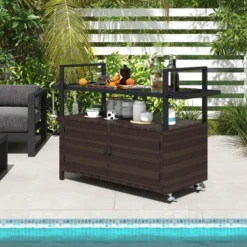 Costway Outdoor Bar Cart With Tempered Glass Top Storage Cabinet & 8 Hooks For Porch Brown/Gray -Costway GUEST c204363d 8e96 4693 8955 44693e9c5b35