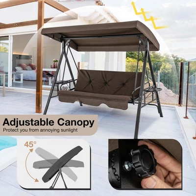 Costway 3-Seat Patio Porch Swing WithAdjustable Canopy Soft Seat Back Cushions Side Tables Brown/Grey 8 Costway 3-Seat Patio Porch Swing WithAdjustable Canopy Soft Seat Back Cushions Side Tables Brown/Grey - Image 6