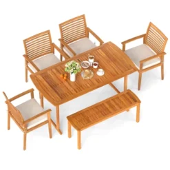 Costway 6PCS Outdoor Acacia Wood Dining Set Rectangle Dining Table With 4 Chairs & Bench -Costway GUEST c3124035 f8e9 4af1 990c bb88eff45ab7