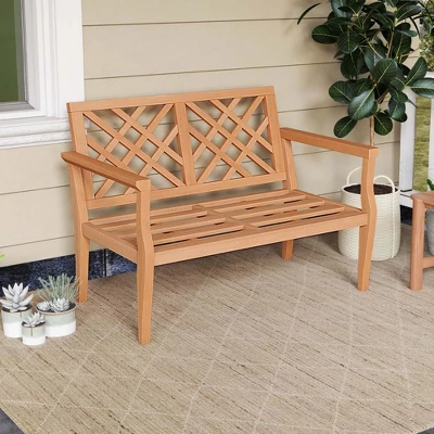 Costway 2-Person Outdoor Garden Bench With Comfy Armrests And Backrest Teak Wood 3 Costway 2-Person Outdoor Garden Bench With Comfy Armrests And Backrest Teak Wood